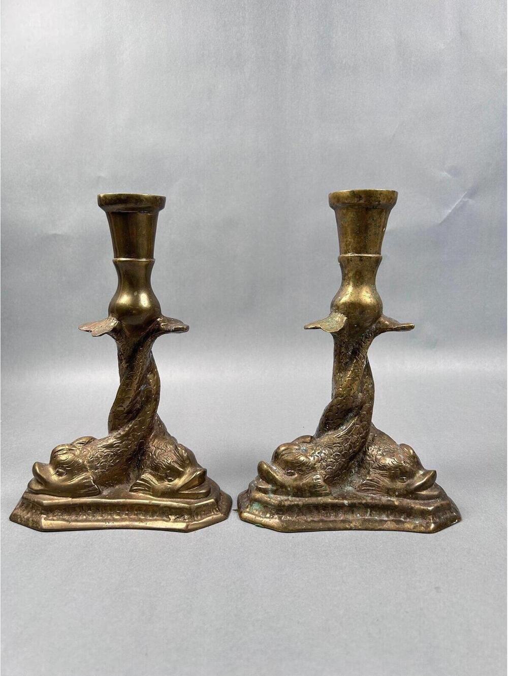 Pair of Vintage Mottahedeh Brass Serpentine Candlesticks Nautical Dolphin Koi